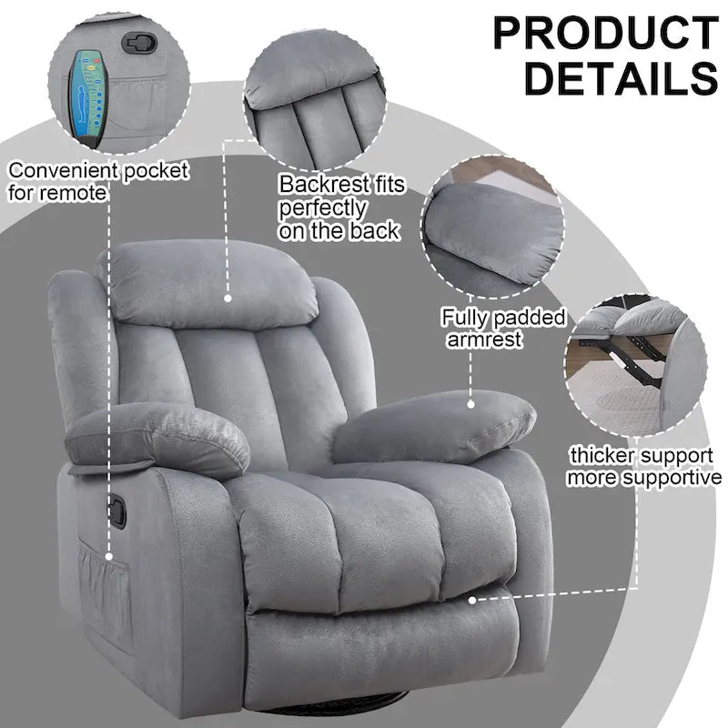 Reclinable manual de tela gris/marrón/camel/gris oscuro con masaje y calor | 1 persona