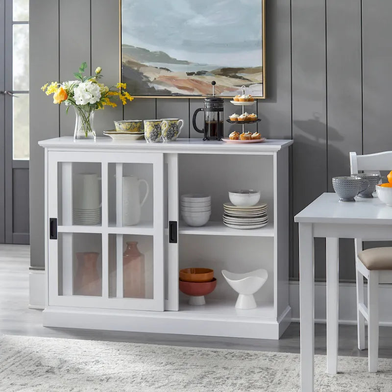 Vitrina con puerta corredera de cristal, azul índigo y blanca