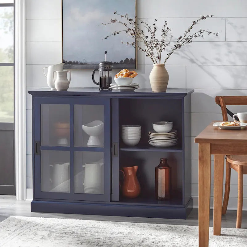 Vitrina con puerta corredera de cristal, azul índigo y blanca