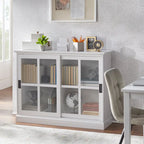 Vitrina con puerta corredera de cristal, azul índigo y blanca