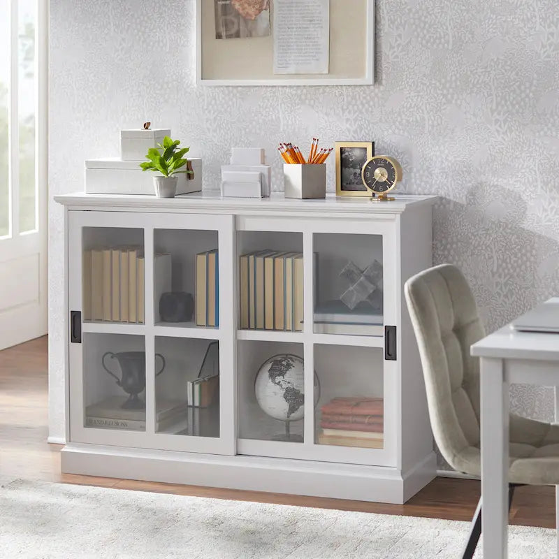 Vitrina con puerta corredera de cristal, azul índigo y blanca