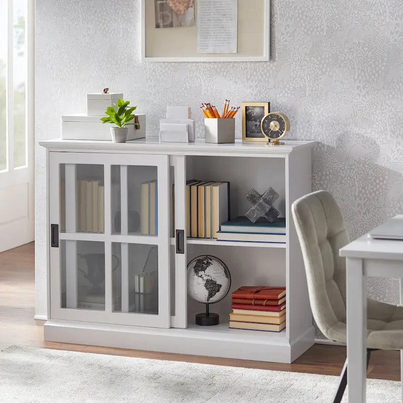 Vitrina con puerta corredera de cristal, azul índigo y blanca