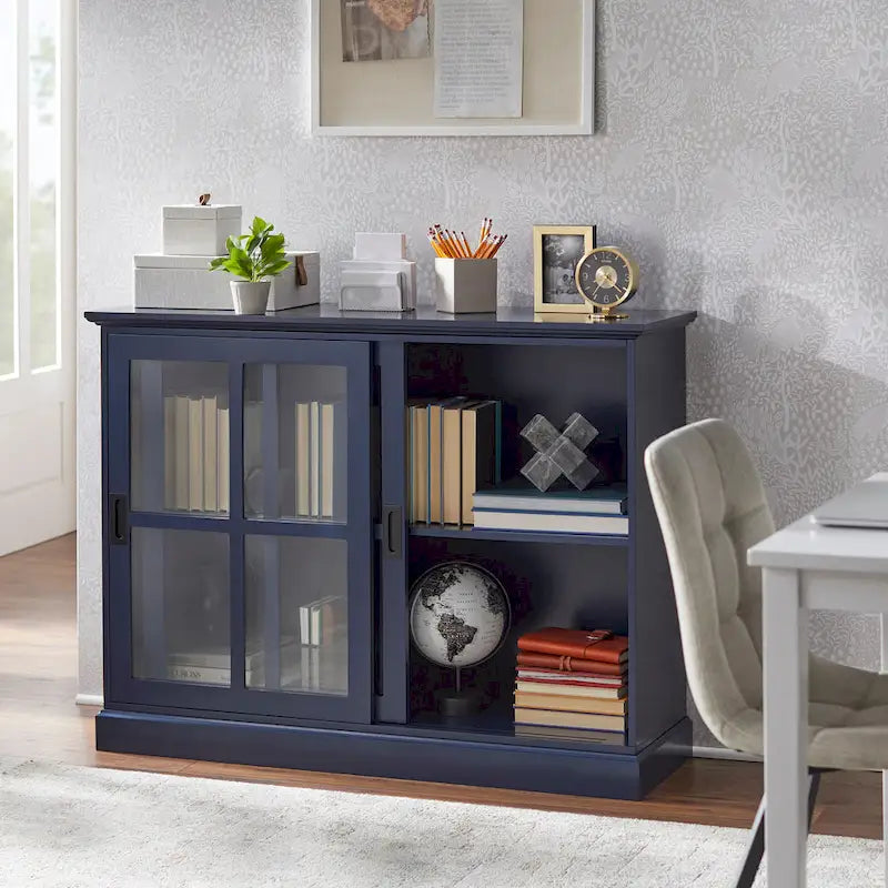 Vitrina con puerta corredera de cristal, azul índigo y blanca