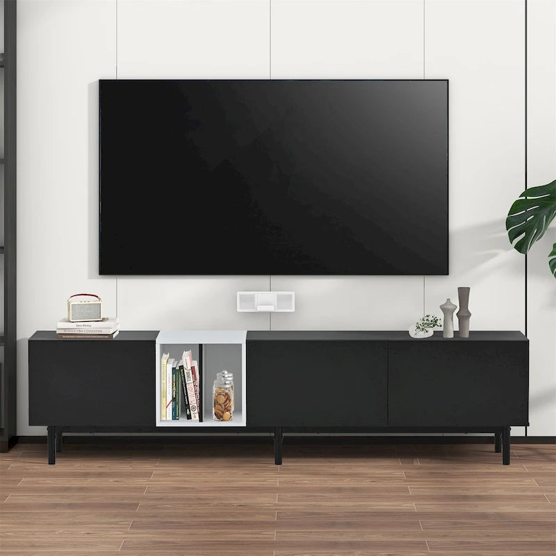 Mueble de TV blanco/madera natural/negro – Estilo moderno, para televisores de hasta 80", 3 puertas, montaje por 1 persona