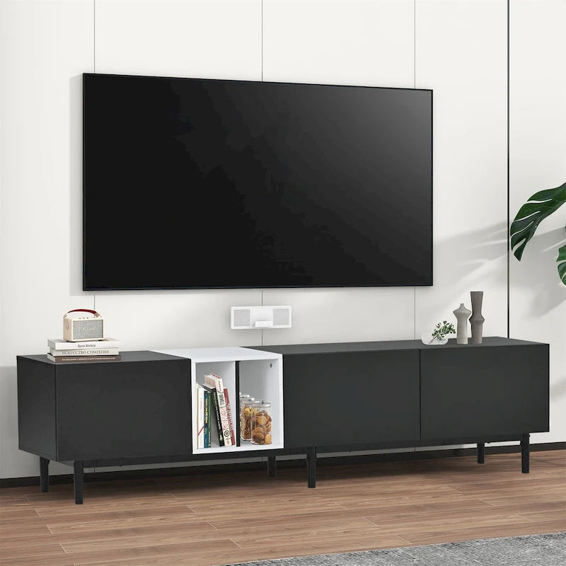 Mueble de TV blanco/madera natural/negro – Estilo moderno, para televisores de hasta 80", 3 puertas, montaje por 1 persona