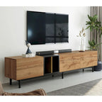 Mueble de TV blanco/madera natural/negro – Estilo moderno, para televisores de hasta 80", 3 puertas, montaje por 1 persona