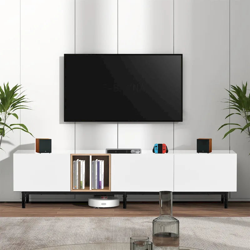 Mueble de TV blanco/madera natural/negro – Estilo moderno, para televisores de hasta 80", 3 puertas, montaje por 1 persona