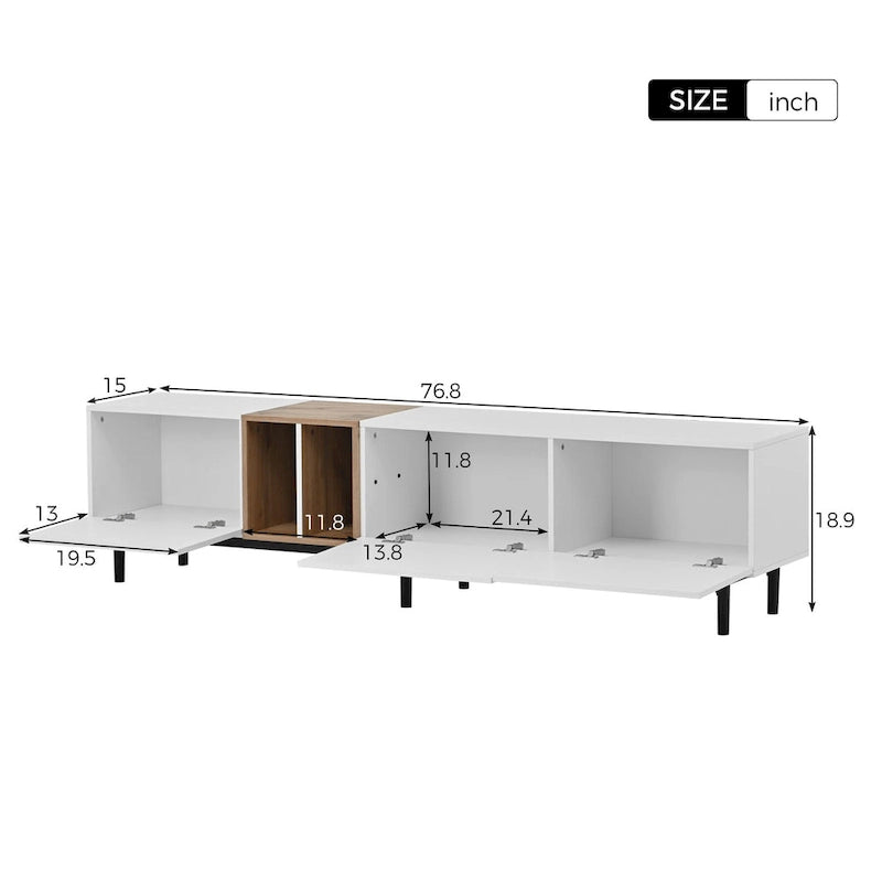 Mueble de TV blanco/madera natural/negro – Estilo moderno, para televisores de hasta 80", 3 puertas, montaje por 1 persona