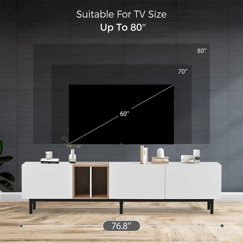 Mueble de TV blanco/madera natural/negro – Estilo moderno, para televisores de hasta 80", 3 puertas, montaje por 1 persona