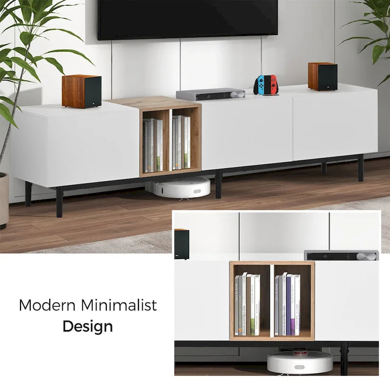 Mueble de TV blanco/madera natural/negro – Estilo moderno, para televisores de hasta 80", 3 puertas, montaje por 1 persona