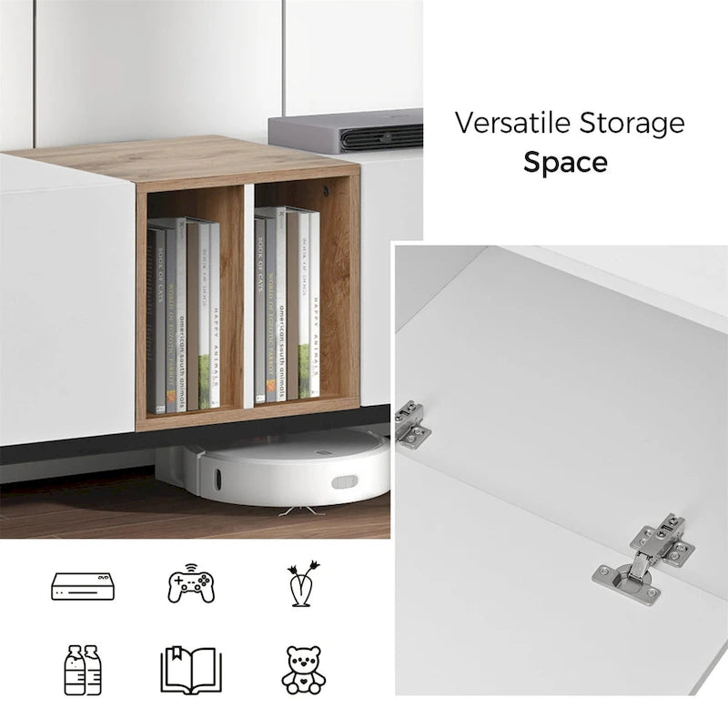Mueble de TV blanco/madera natural/negro – Estilo moderno, para televisores de hasta 80", 3 puertas, montaje por 1 persona