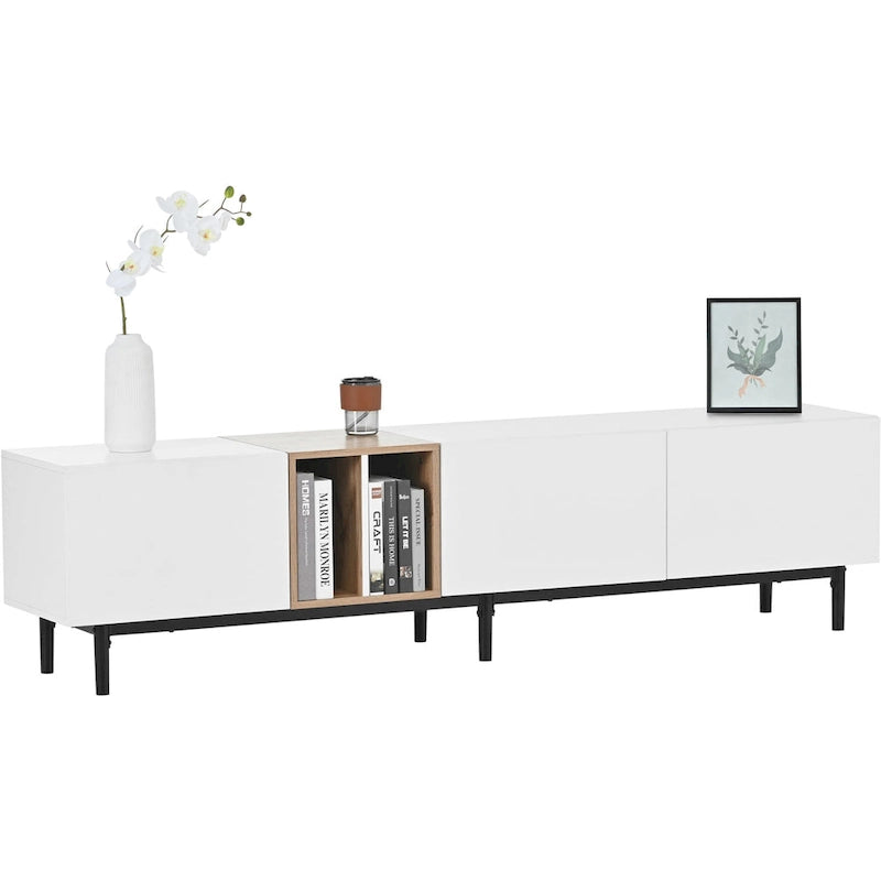 Mueble de TV blanco/madera natural/negro – Estilo moderno, para televisores de hasta 80", 3 puertas, montaje por 1 persona