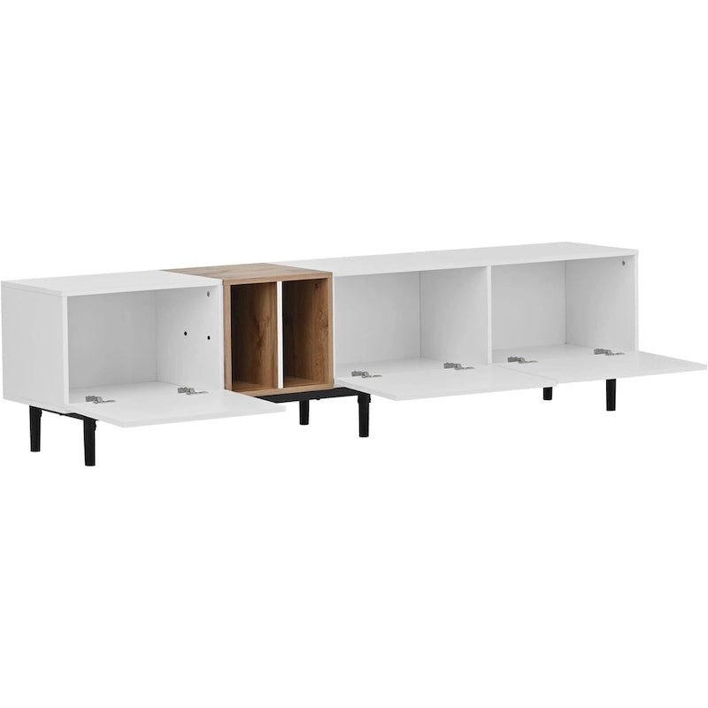 Mueble de TV blanco/madera natural/negro – Estilo moderno, para televisores de hasta 80", 3 puertas, montaje por 1 persona