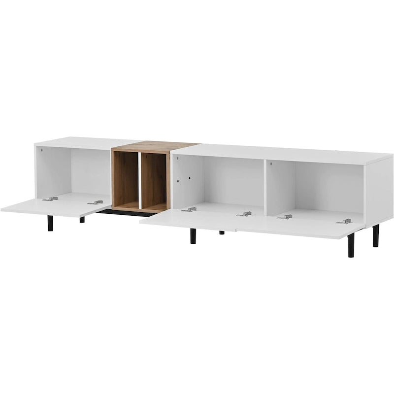 Mueble de TV blanco/madera natural/negro – Estilo moderno, para televisores de hasta 80", 3 puertas, montaje por 1 persona