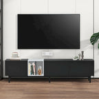 Mueble de TV blanco/madera natural/negro – Estilo moderno, para televisores de hasta 80", 3 puertas, montaje por 1 persona