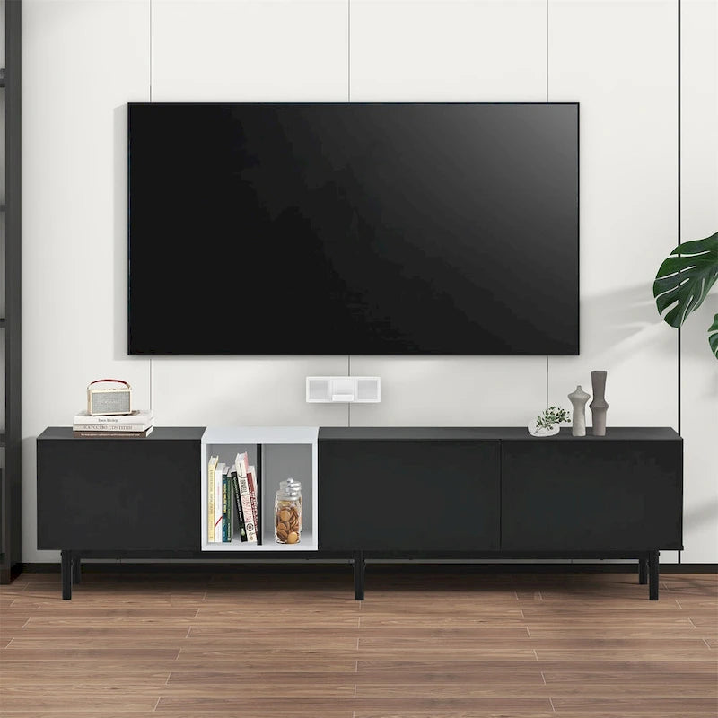 Mueble de TV blanco/madera natural/negro – Estilo moderno, para televisores de hasta 80", 3 puertas, montaje por 1 persona