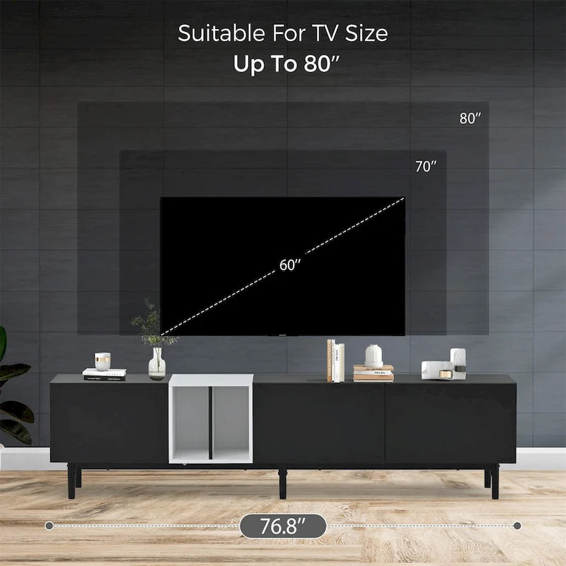 Mueble de TV blanco/madera natural/negro – Estilo moderno, para televisores de hasta 80", 3 puertas, montaje por 1 persona