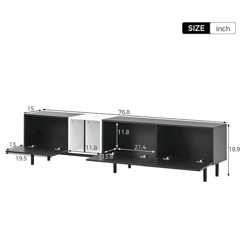 Mueble de TV blanco/madera natural/negro – Estilo moderno, para televisores de hasta 80", 3 puertas, montaje por 1 persona