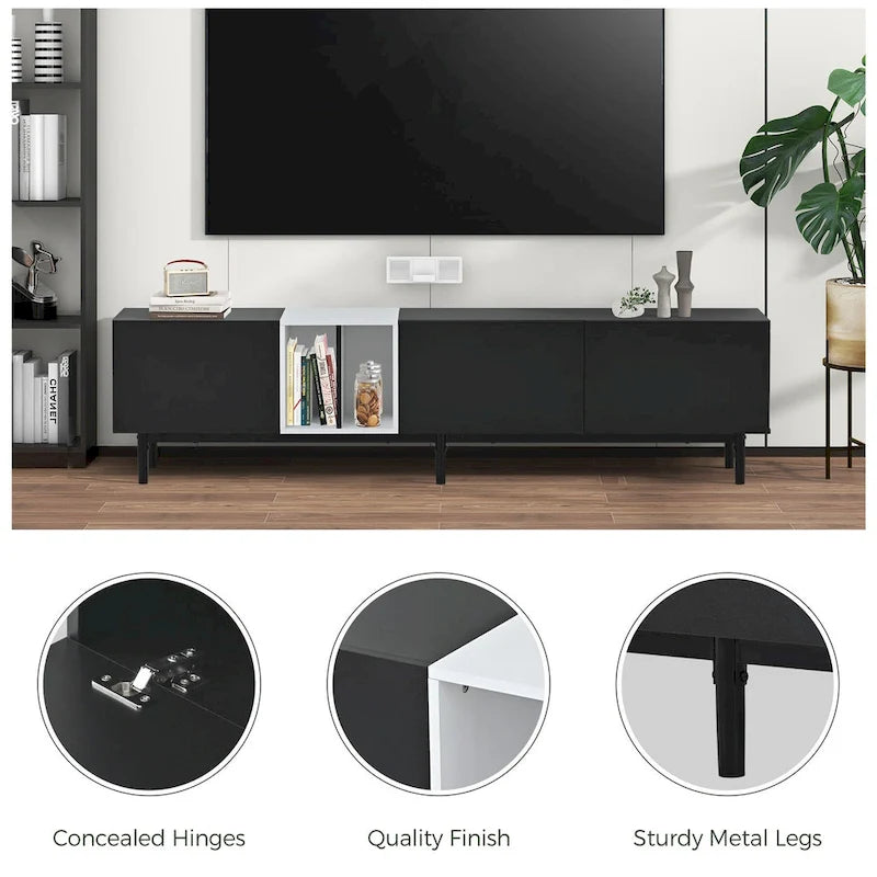 Mueble de TV blanco/madera natural/negro – Estilo moderno, para televisores de hasta 80", 3 puertas, montaje por 1 persona