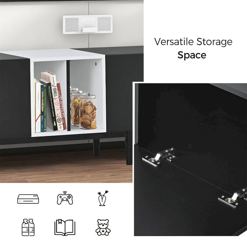 Mueble de TV blanco/madera natural/negro – Estilo moderno, para televisores de hasta 80", 3 puertas, montaje por 1 persona
