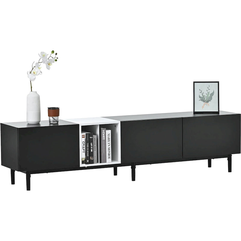 Mueble de TV blanco/madera natural/negro – Estilo moderno, para televisores de hasta 80", 3 puertas, montaje por 1 persona