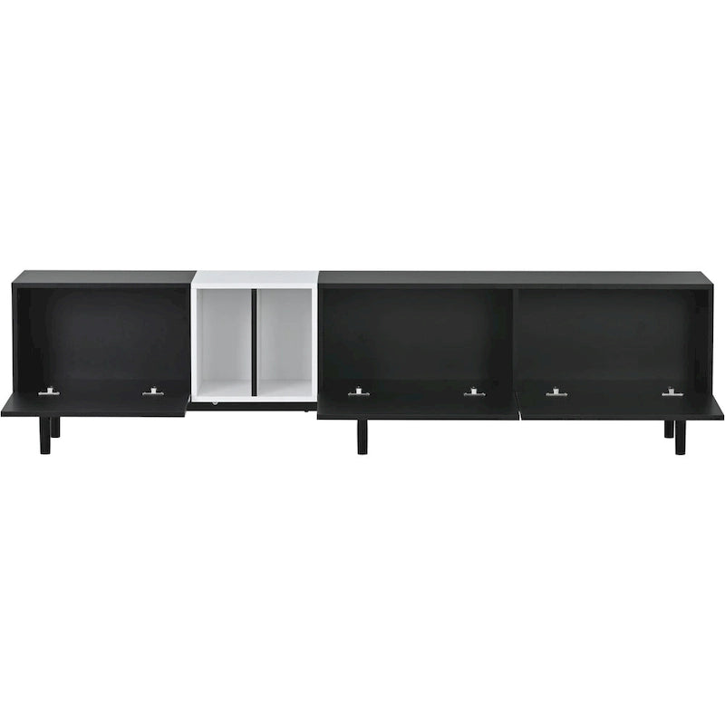 Mueble de TV blanco/madera natural/negro – Estilo moderno, para televisores de hasta 80", 3 puertas, montaje por 1 persona