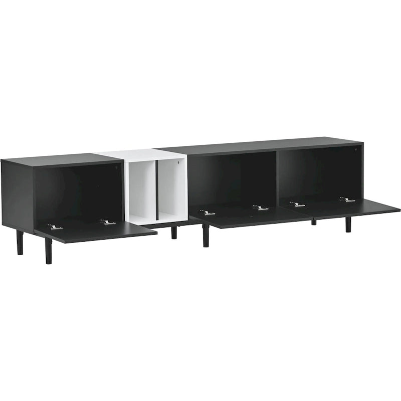 Mueble de TV blanco/madera natural/negro – Estilo moderno, para televisores de hasta 80", 3 puertas, montaje por 1 persona