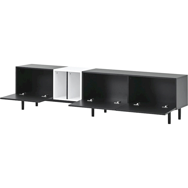 Mueble de TV blanco/madera natural/negro – Estilo moderno, para televisores de hasta 80", 3 puertas, montaje por 1 persona