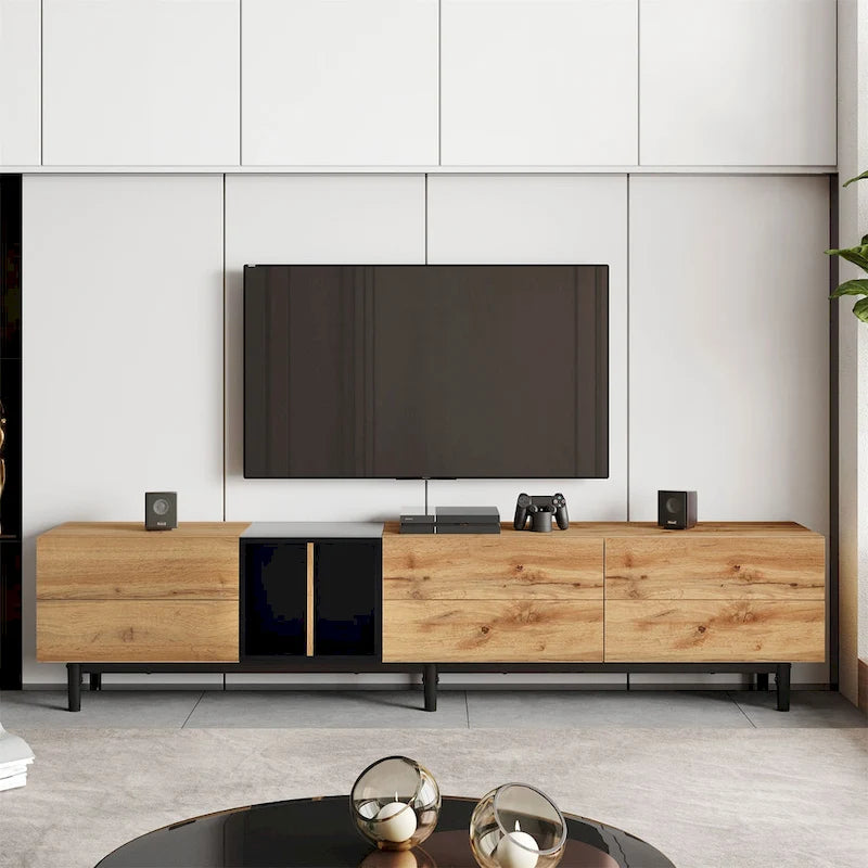 Mueble de TV blanco/madera natural/negro – Estilo moderno, para televisores de hasta 80", 3 puertas, montaje por 1 persona