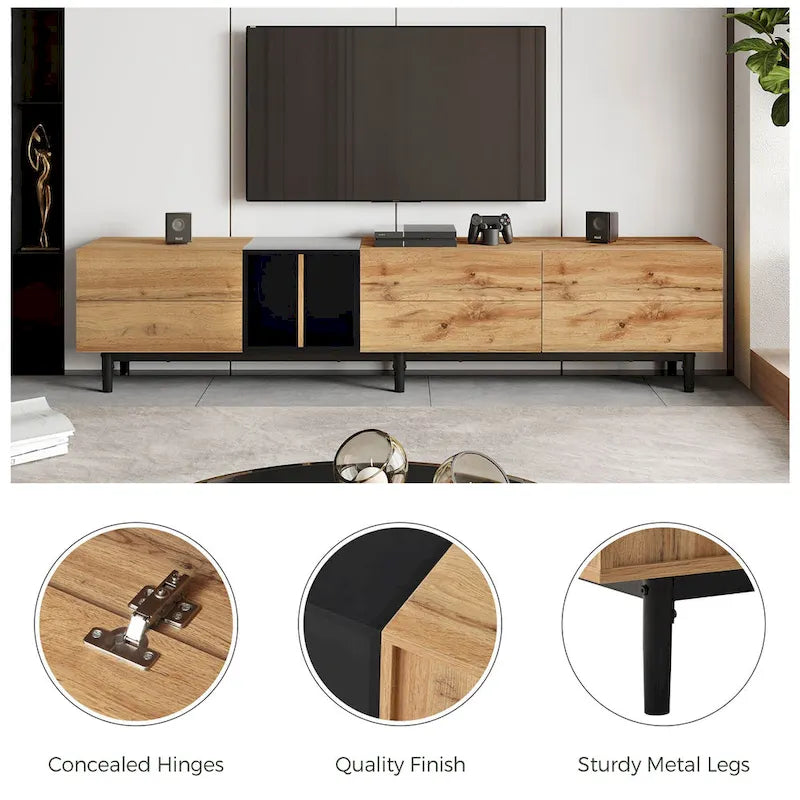 Mueble de TV blanco/madera natural/negro – Estilo moderno, para televisores de hasta 80", 3 puertas, montaje por 1 persona