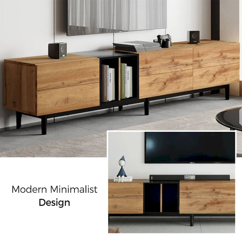 Mueble de TV blanco/madera natural/negro – Estilo moderno, para televisores de hasta 80", 3 puertas, montaje por 1 persona
