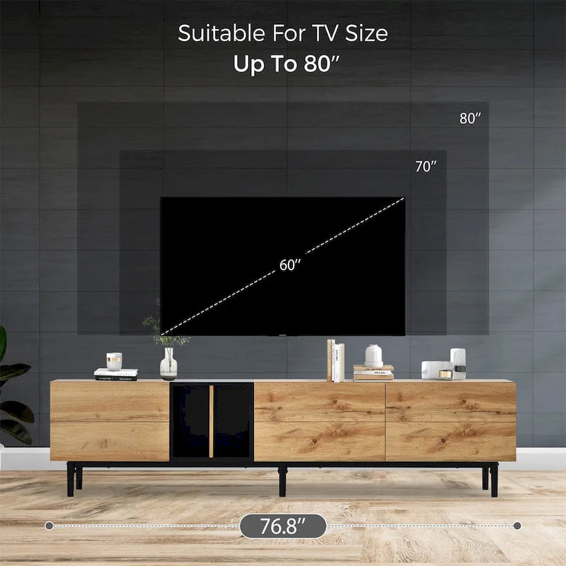 Mueble de TV blanco/madera natural/negro – Estilo moderno, para televisores de hasta 80", 3 puertas, montaje por 1 persona