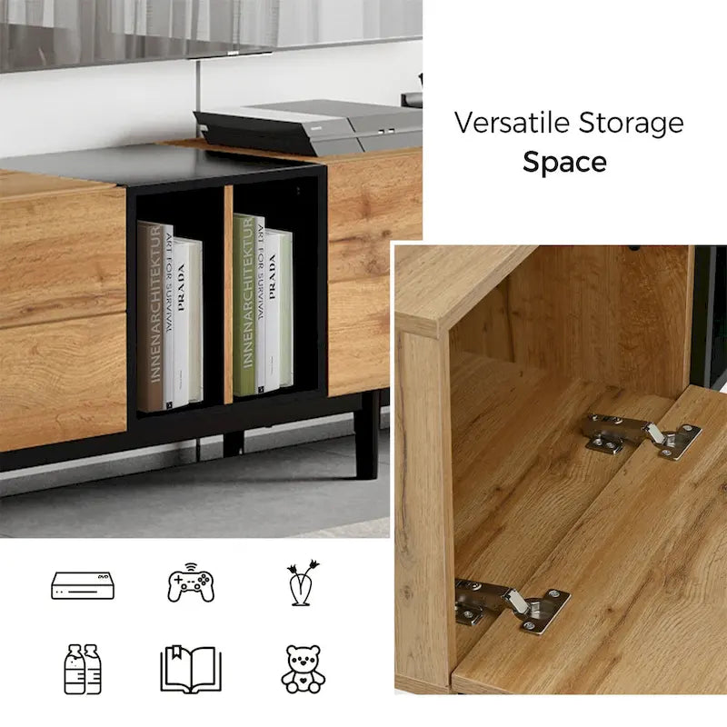 Mueble de TV blanco/madera natural/negro – Estilo moderno, para televisores de hasta 80", 3 puertas, montaje por 1 persona