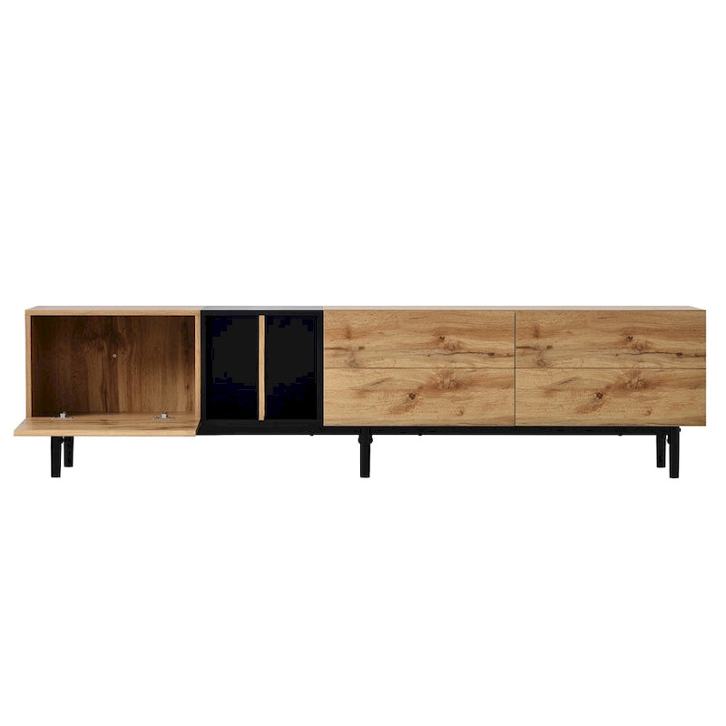 Mueble de TV blanco/madera natural/negro – Estilo moderno, para televisores de hasta 80", 3 puertas, montaje por 1 persona
