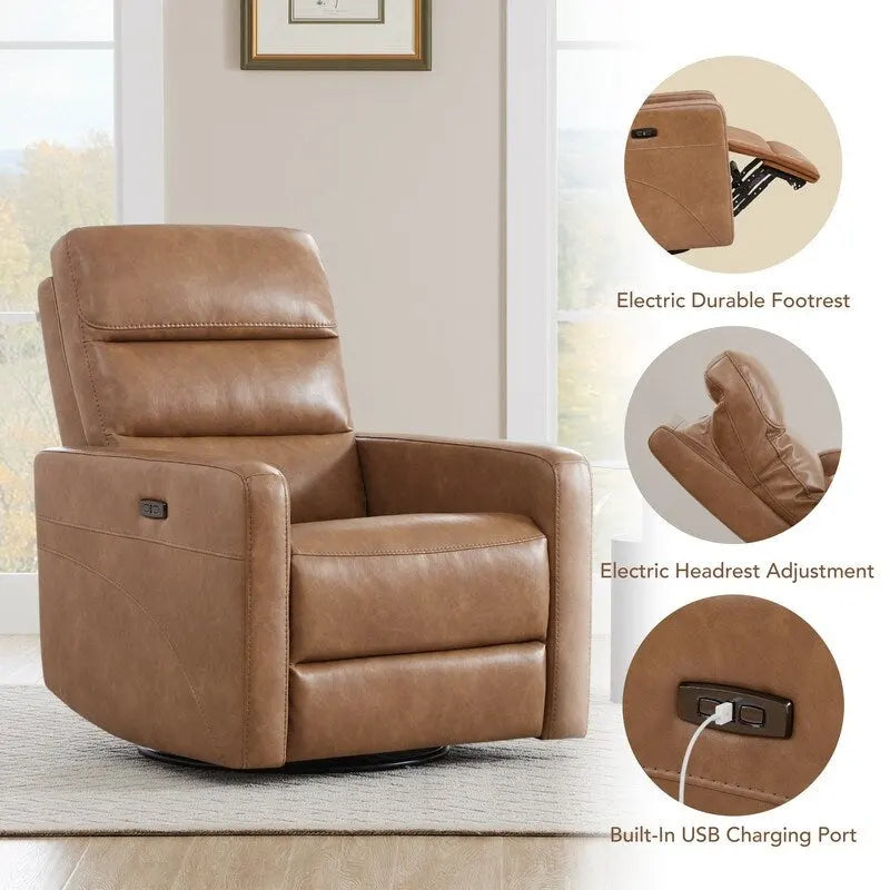 Sillón reclinable eléctrico giratorio gris/marrón, de un asiento, giratorio 270° y reclinable 90-135°