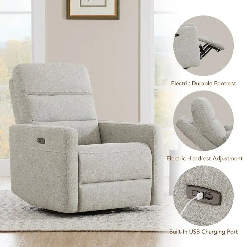 Sillón reclinable eléctrico giratorio gris/marrón, de un asiento, giratorio 270° y reclinable 90-135°