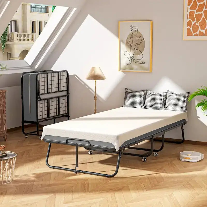 Cama Plegable con Ruedas Dobles Negra con Colchón de Espuma de 5", 1 Persona