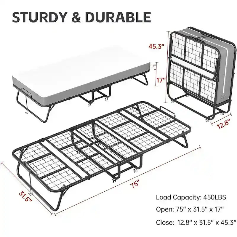 Cama Plegable con Ruedas Dobles Negra con Colchón de Espuma de 5", 1 Persona