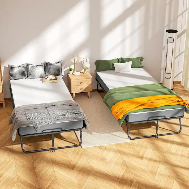 Cama Plegable con Ruedas Dobles Negra con Colchón de Espuma de 5", 1 Persona