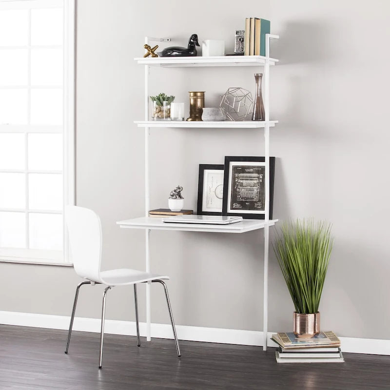 Escritorio flotante de pared blanco mate con estantes - 1 persona