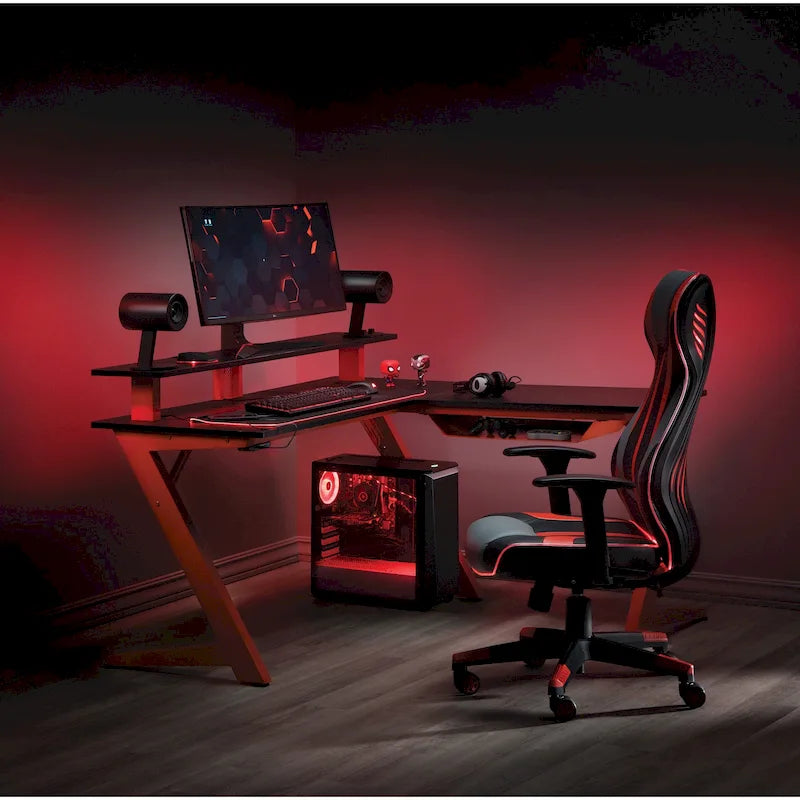Escritorio gaming en forma de L rojo/negro para 1-2 monitores