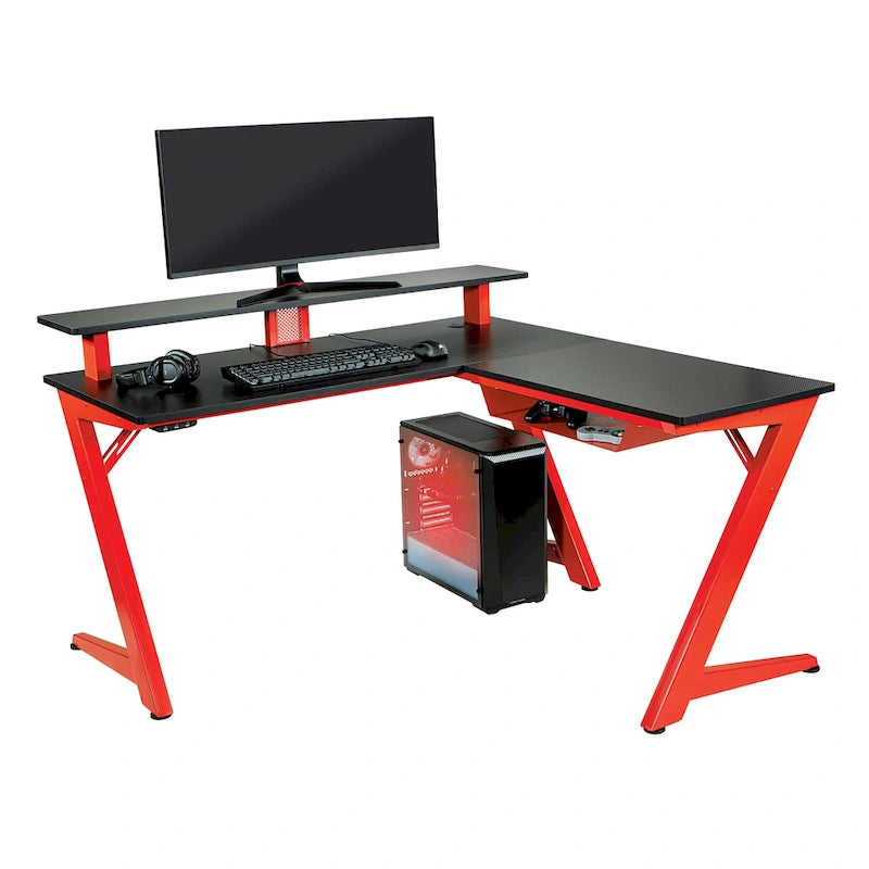 Escritorio gaming en forma de L rojo/negro para 1-2 monitores