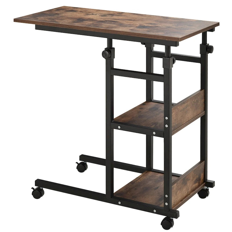 Mesa auxiliar rodante en forma de C de 3 niveles, color marrón, altura ajustable, 1 usuario