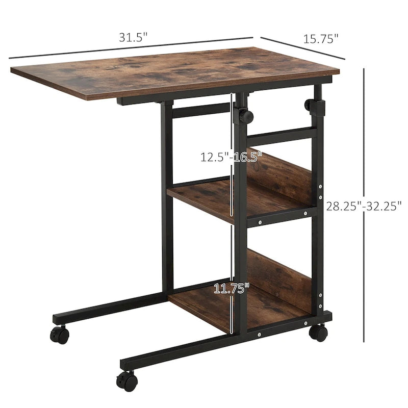 Mesa auxiliar rodante en forma de C de 3 niveles, color marrón, altura ajustable, 1 usuario