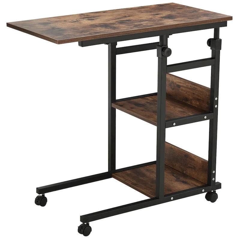 Mesa auxiliar rodante en forma de C de 3 niveles, color marrón, altura ajustable, 1 usuario