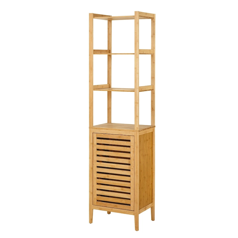 Torre de lino independiente de bambú con acabado natural, 3 estantes + armario