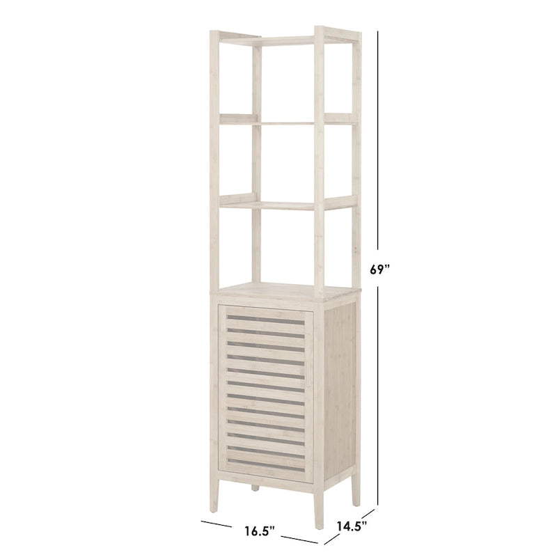 Torre de lino independiente de bambú con acabado natural, 3 estantes + armario