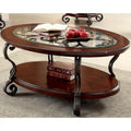Mesa de centro ovalada con superficie de cristal y estructura de metal con arabescos, color cerezo marrón, para 1 sala