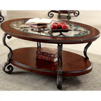 Mesa de centro ovalada con superficie de cristal y estructura de metal con arabescos, color cerezo marrón, para 1 sala