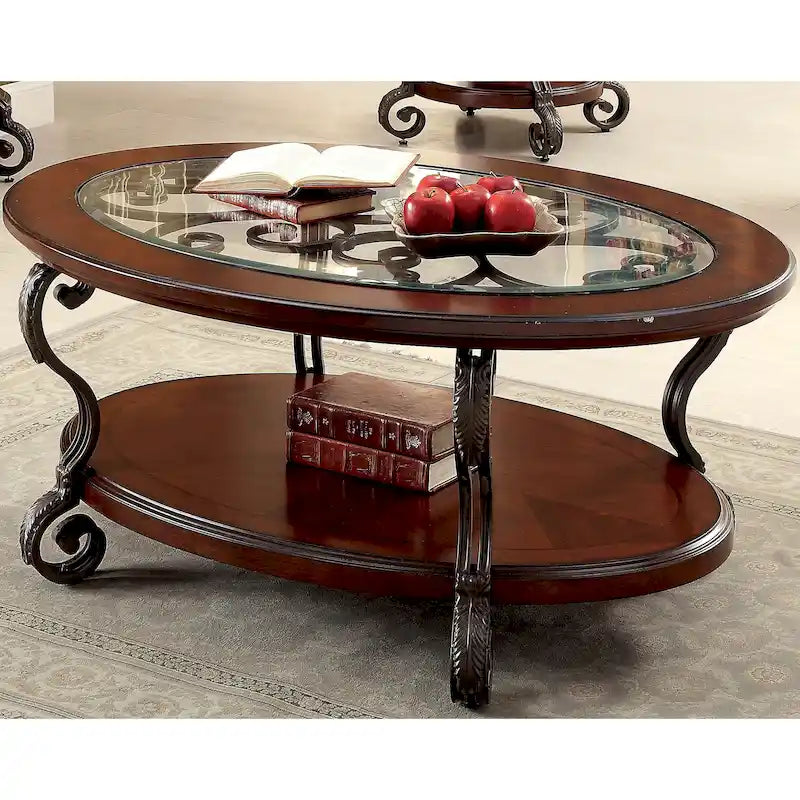 Mesa de centro ovalada con superficie de cristal y estructura de metal con arabescos, color cerezo marrón, para 1 sala